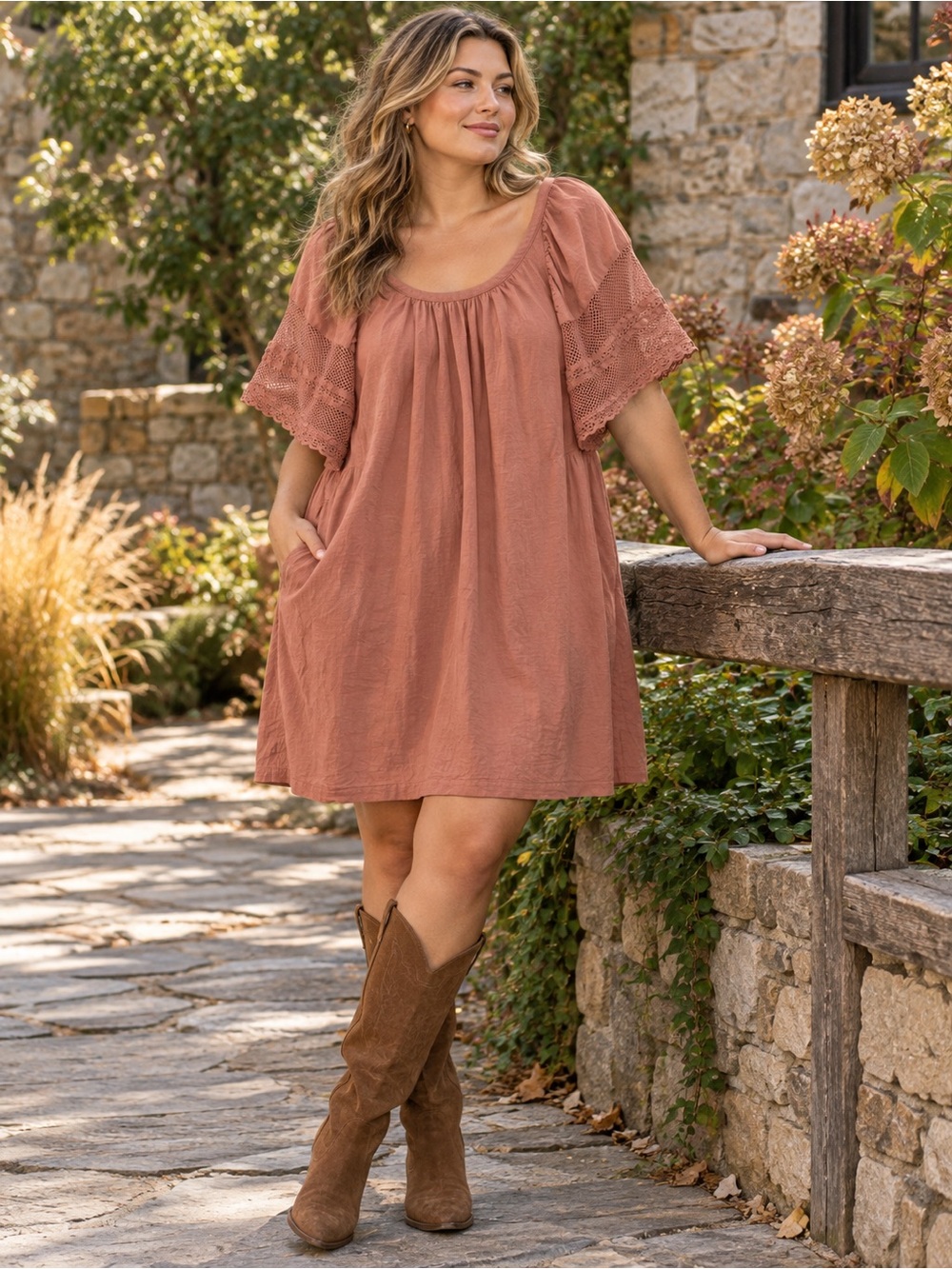 Old Navy XL Dusty Rose Crochet Lace Sleeve Cotton Swing Dress Pockets